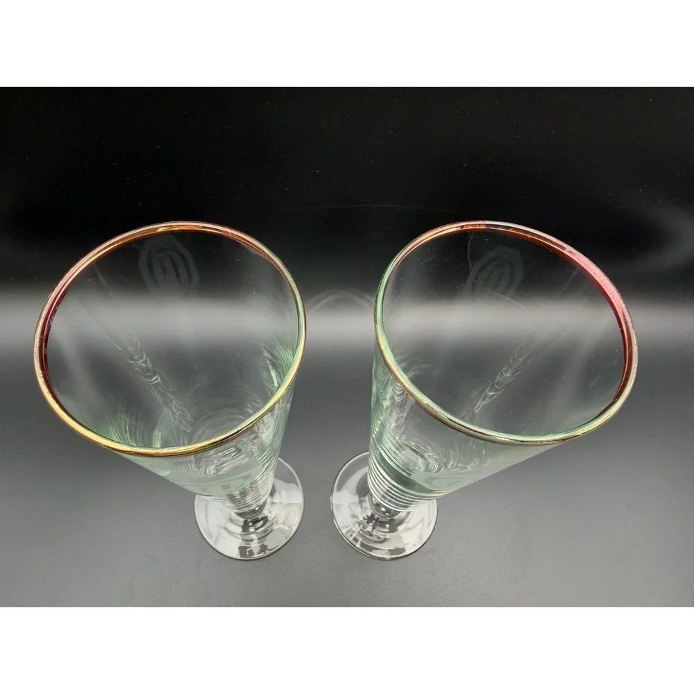 Vintage Set of 2‎ Etched Logo Pilsner Glasses w Gold Rim Footed Beer Glass T015